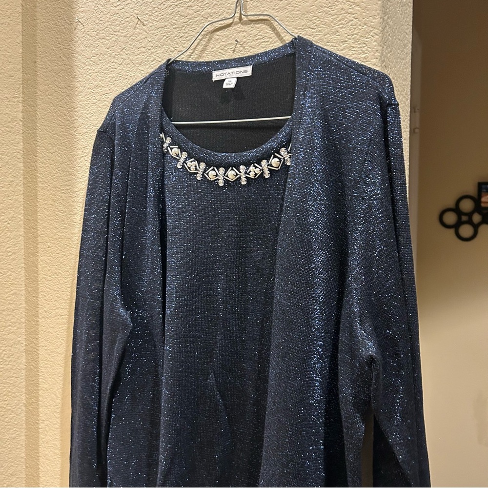 Notations Shimmering Navy Top with Pearl Embellishments
